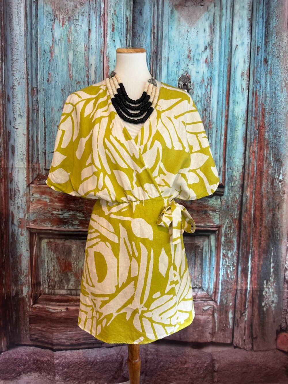 Massimo Dutti Lime Green & White Abstract Wrap Mini Dress